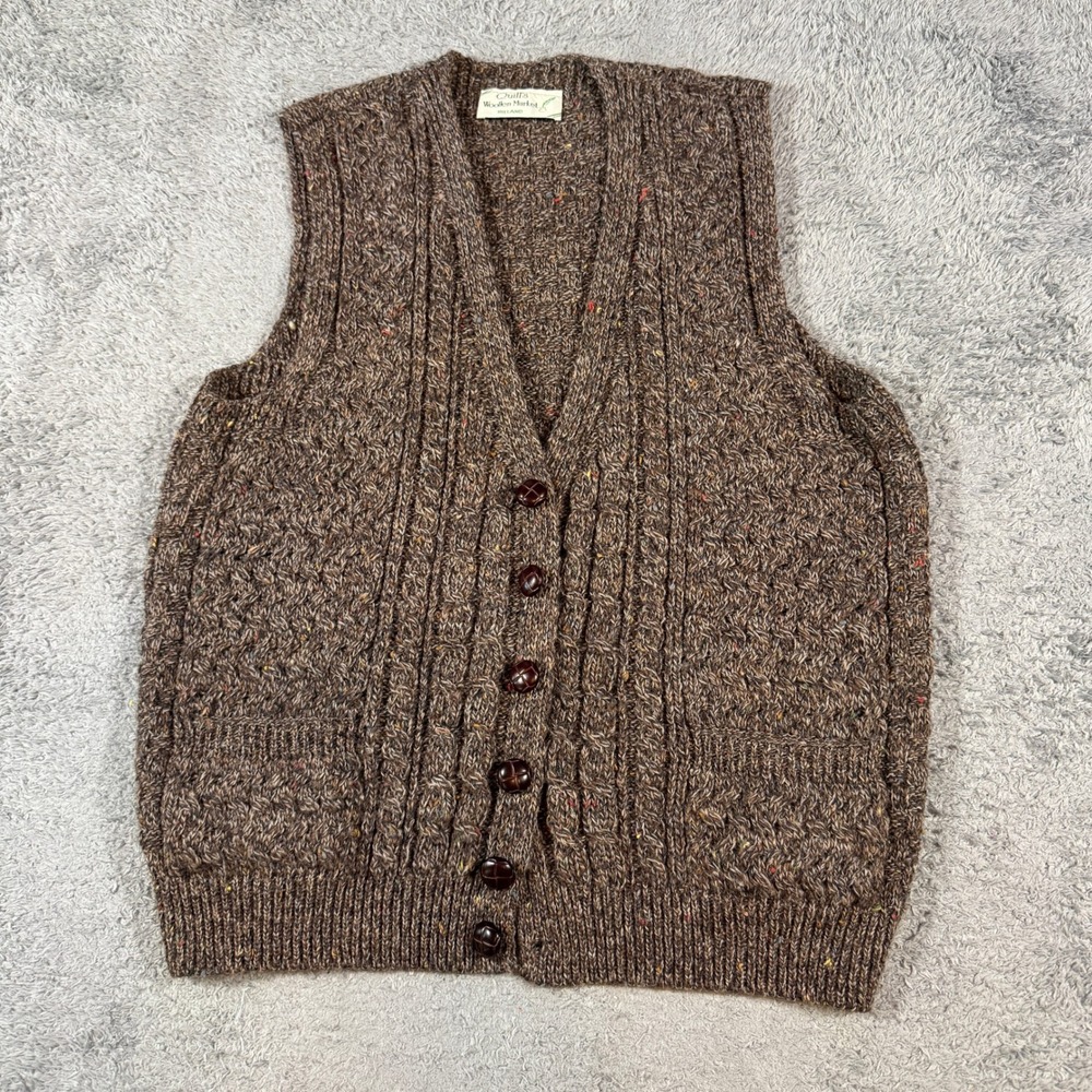 Quill's Woollen Market Ireland Men M Brown Cable Knit Wool Button Vest